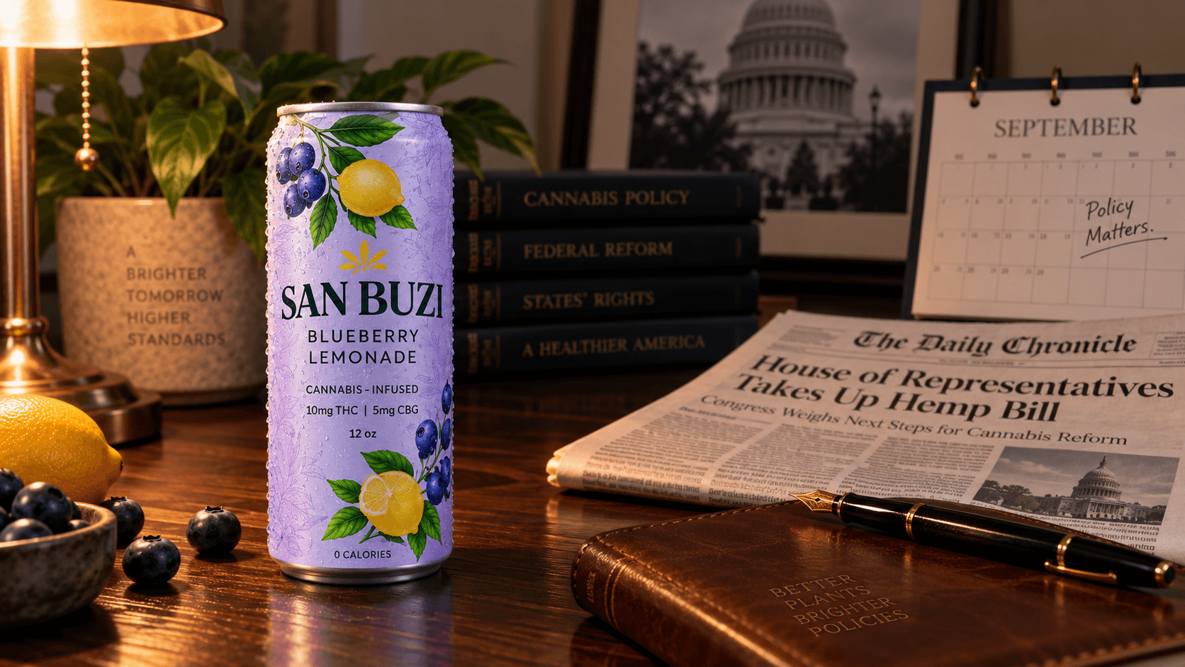A can of San Buzi Blueberry Lemonade on a desk with a newspaper reading "House of Representatives Takes Up Hemp Bill," policy books, and the U.S. Capitol in the background
