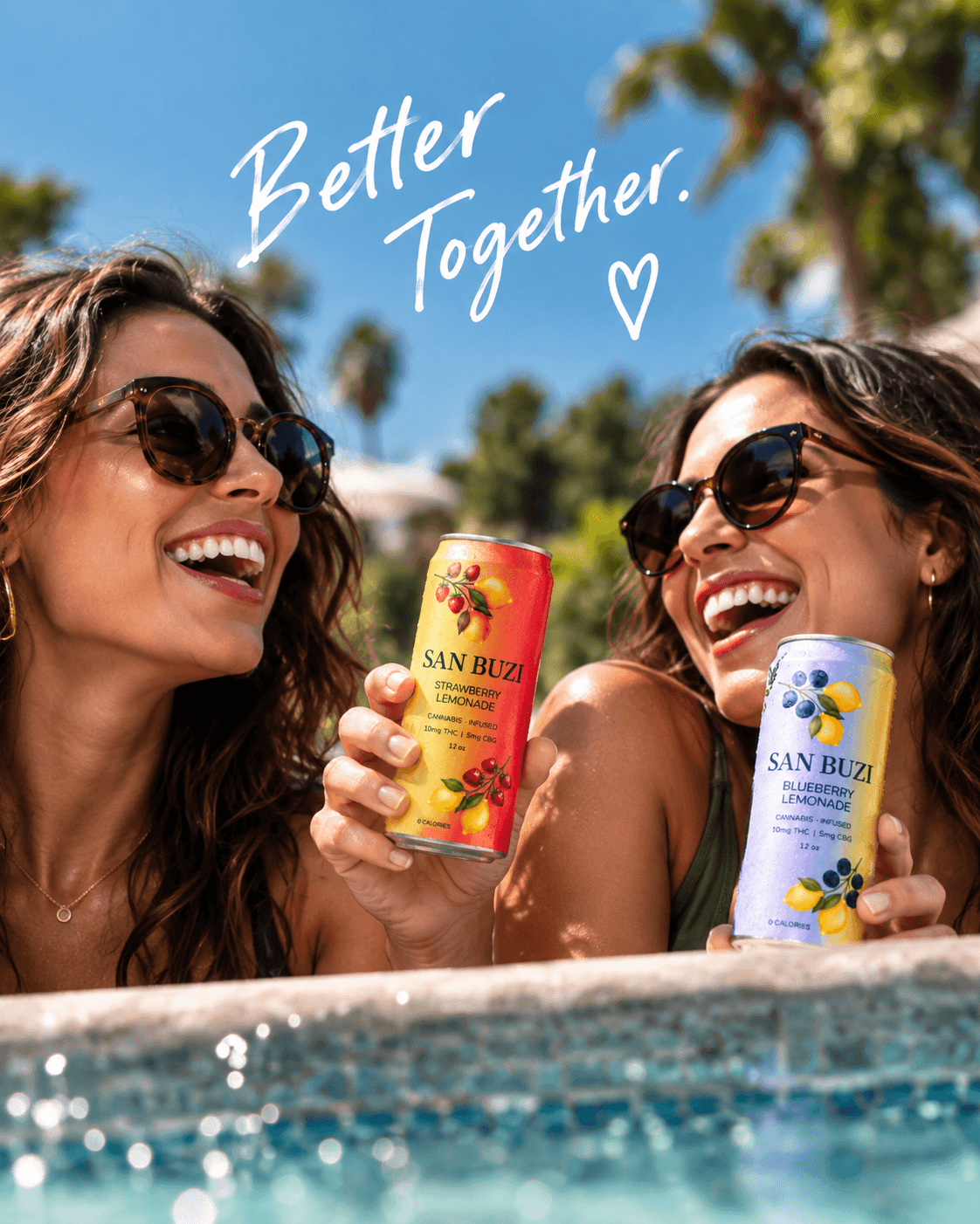 Two friends laughing poolside, each holding a can of San Buzi