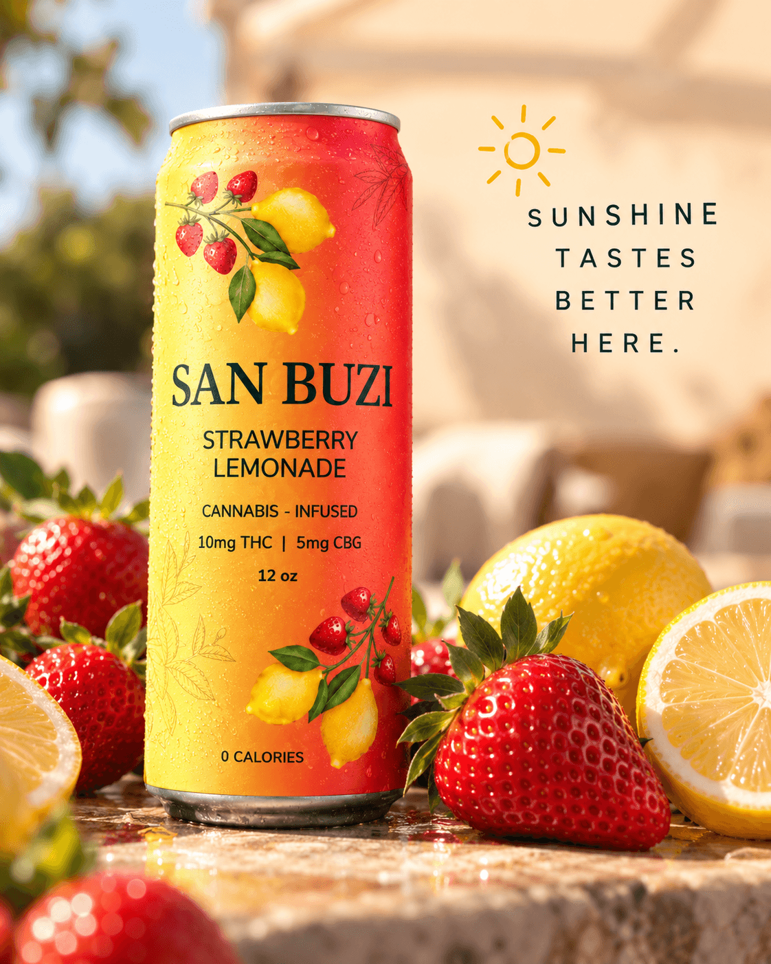 San Buzi Strawberry Lemonade can surrounded by fresh strawberries and lemons