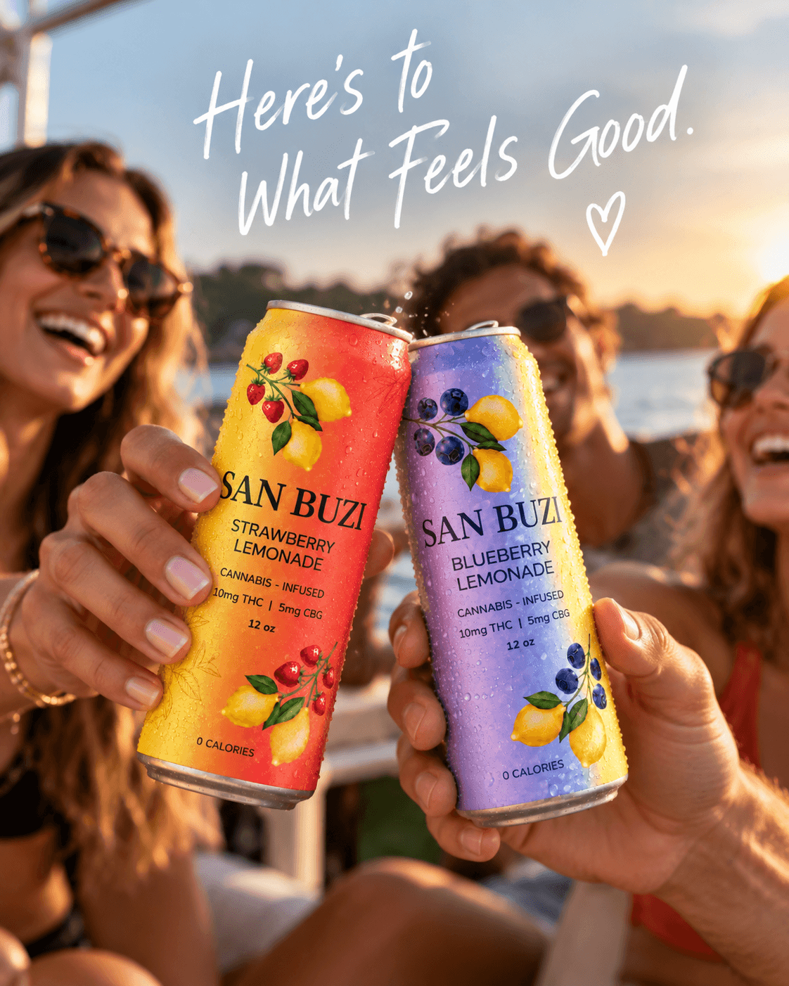 Friends toasting with San Buzi cans at sunset