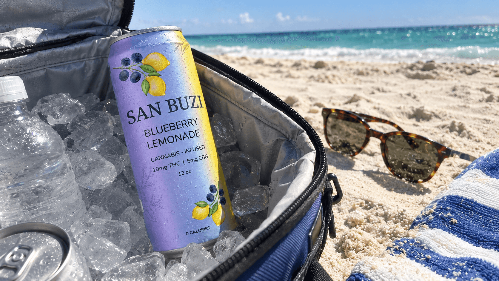 San Buzi Blueberry Lemonade can in a beach cooler on a Florida beach