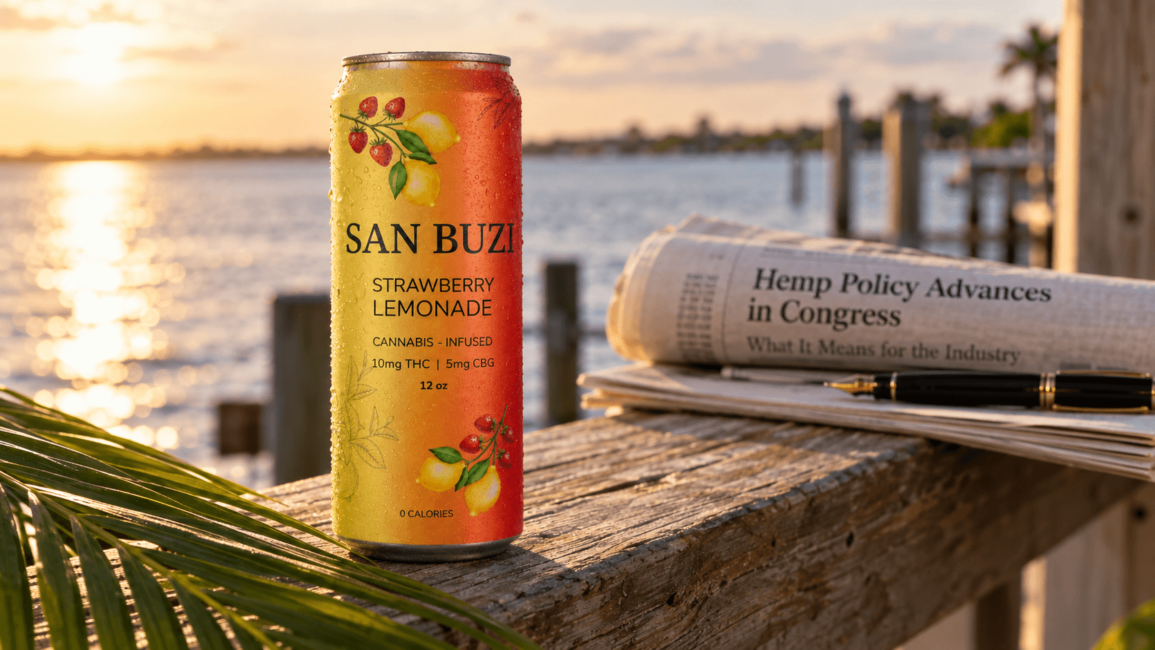 San Buzi Strawberry Lemonade can on a dock railing at sunset in Florida, with a newspaper reading Hemp Policy Advances in Congress