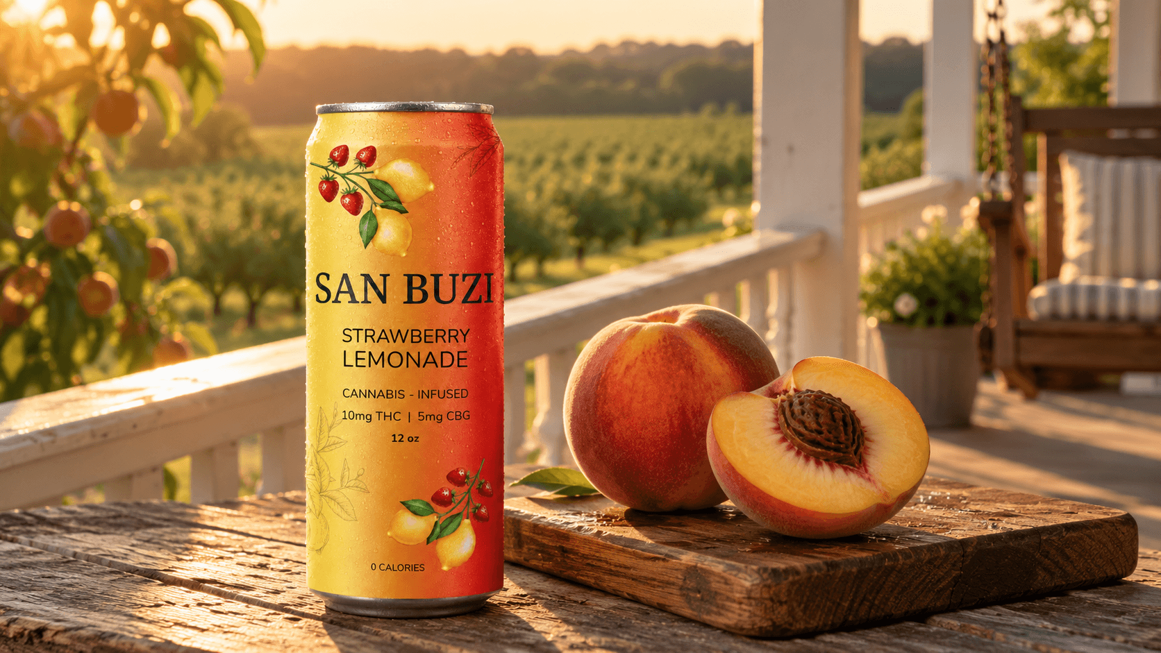 A can of San Buzi Strawberry Lemonade next to fresh Georgia peaches on a porch overlooking a peach orchard