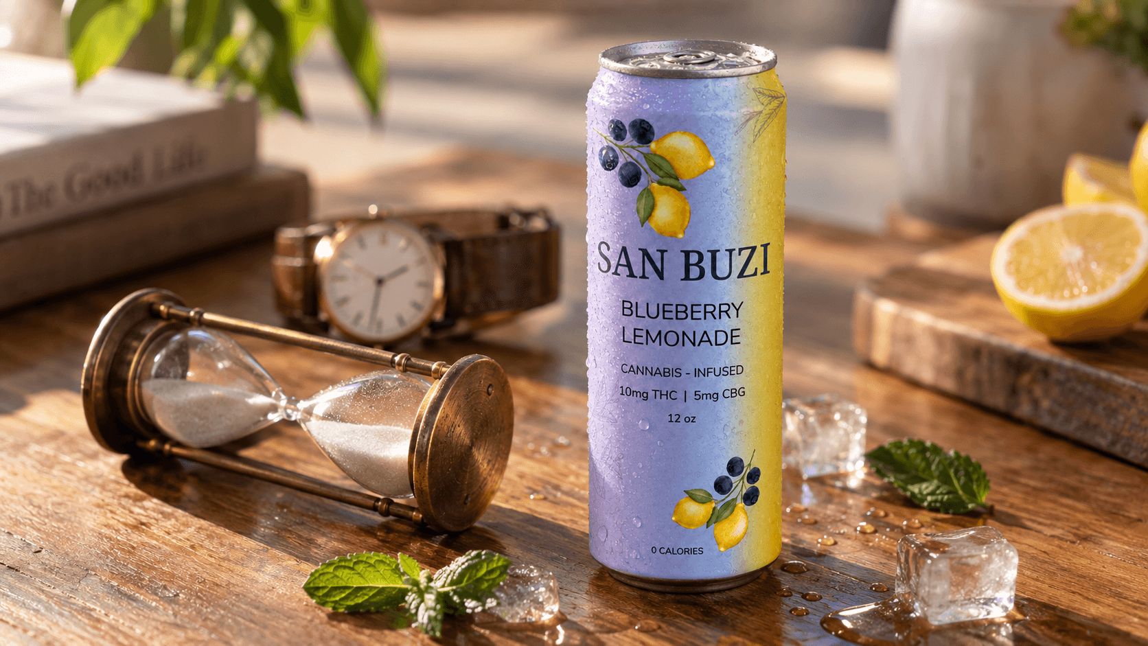 A can of San Buzi Blueberry Lemonade next to an hourglass and wristwatch on a wooden table