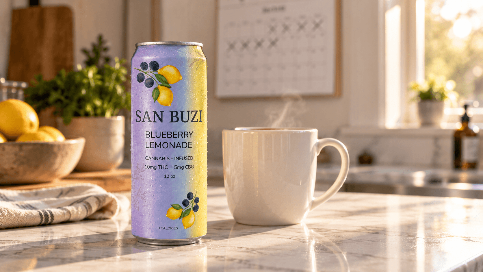 A can of San Buzi Blueberry Lemonade on a kitchen counter with a coffee mug and a wall calendar in the background