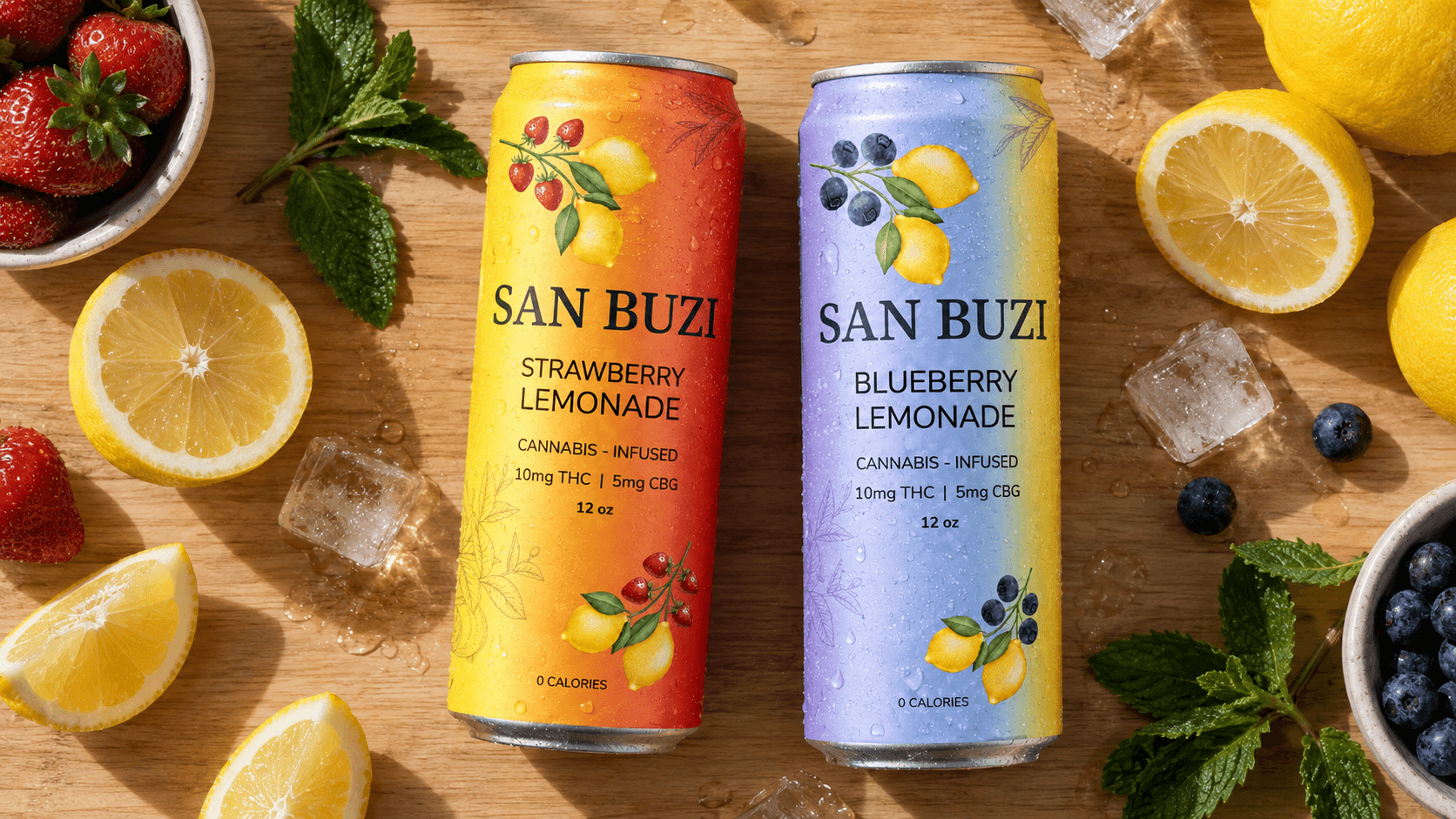 A can of San Buzi THC lemonade laid flat next to fresh lemons and mint on a table