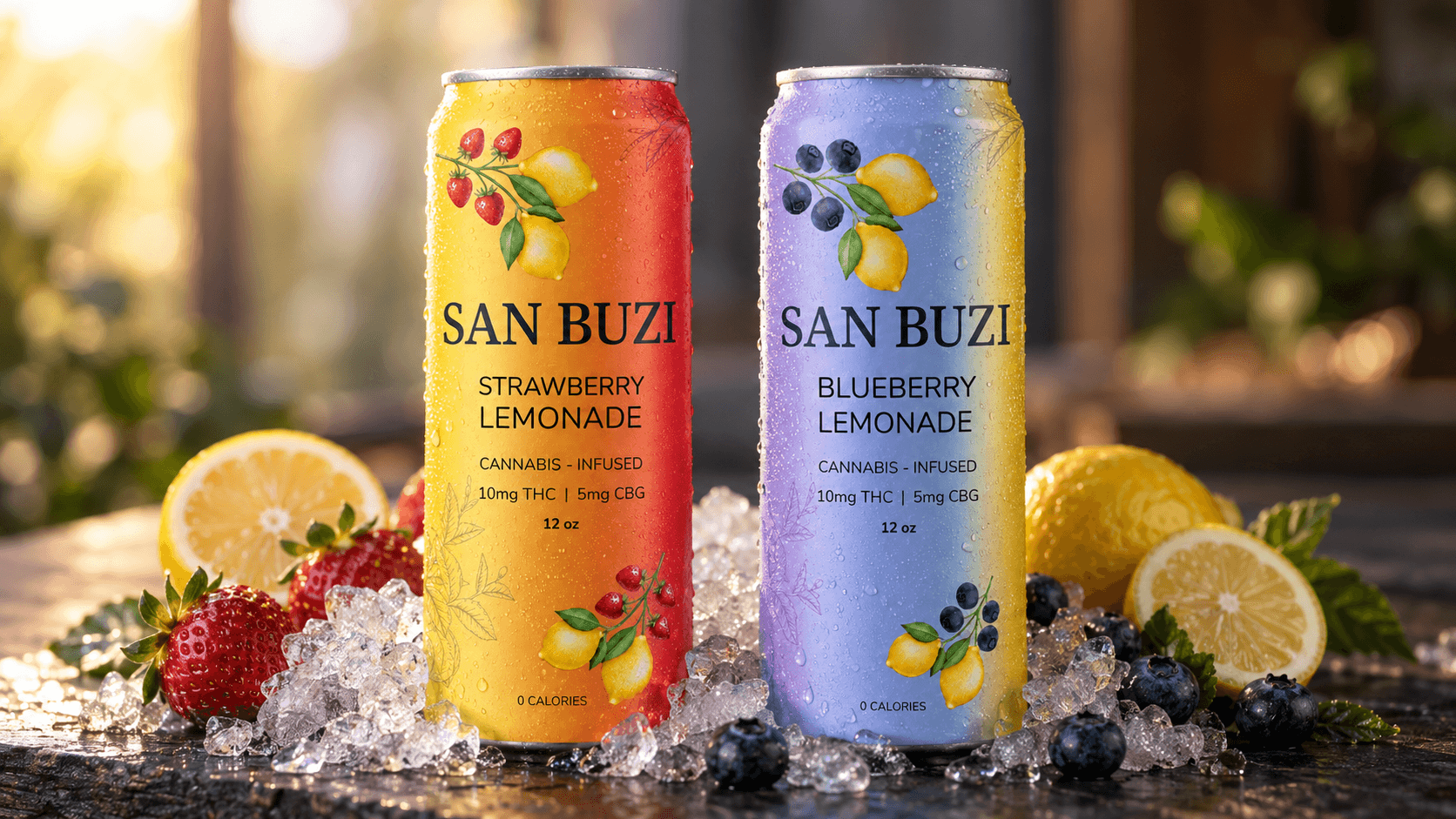 Cans of San Buzi Strawberry and Blueberry Lemonade standing on ice with fresh lemons and berries, backlit by warm sunlight